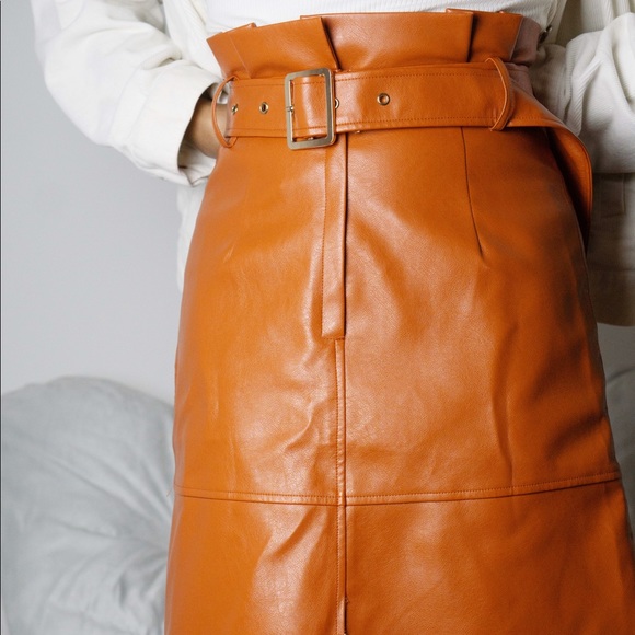J.ING Vegan Leather Orange Midi Skirt - Picture 1 of 10